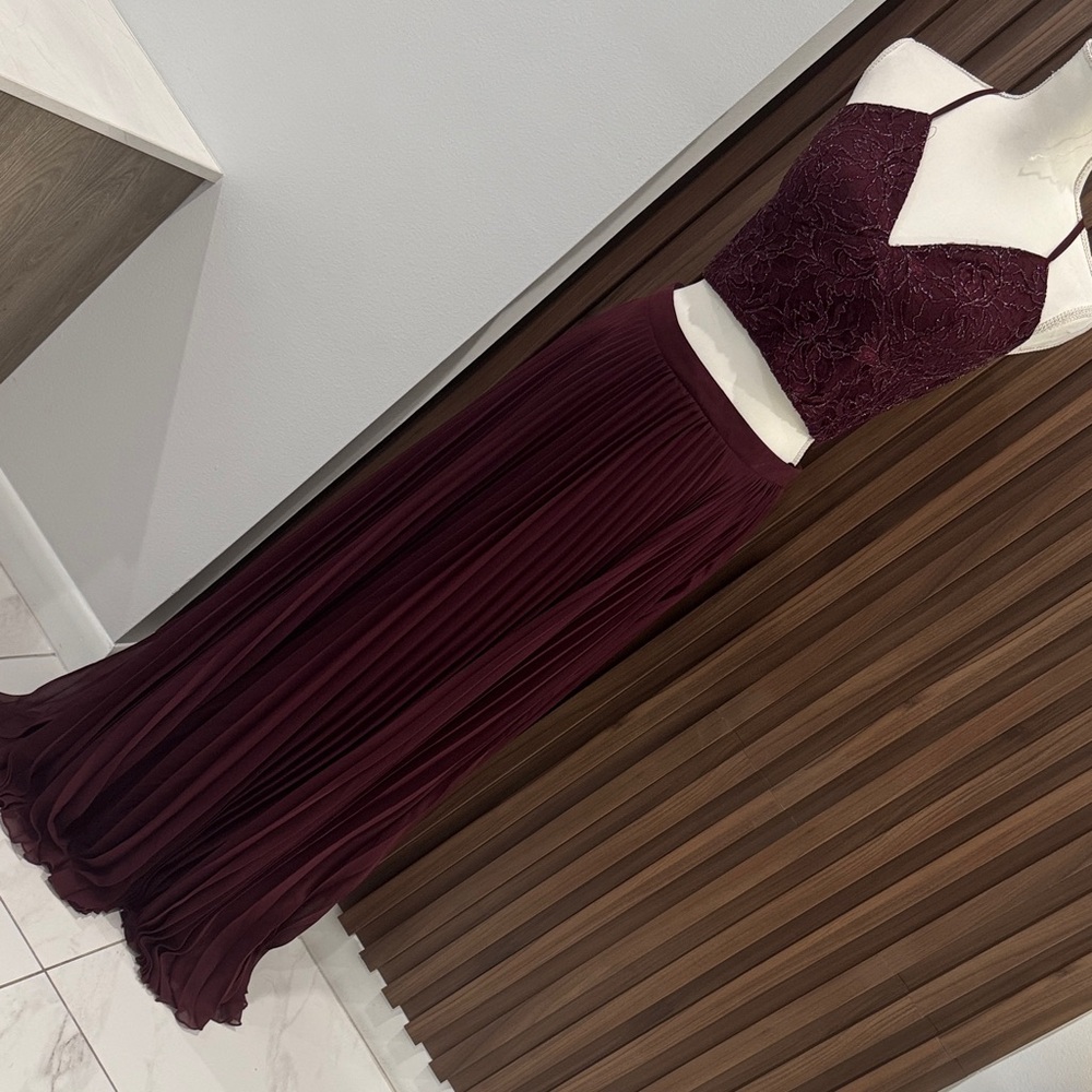 Speechless Wine Lace Bodice Pleated Prom Gown